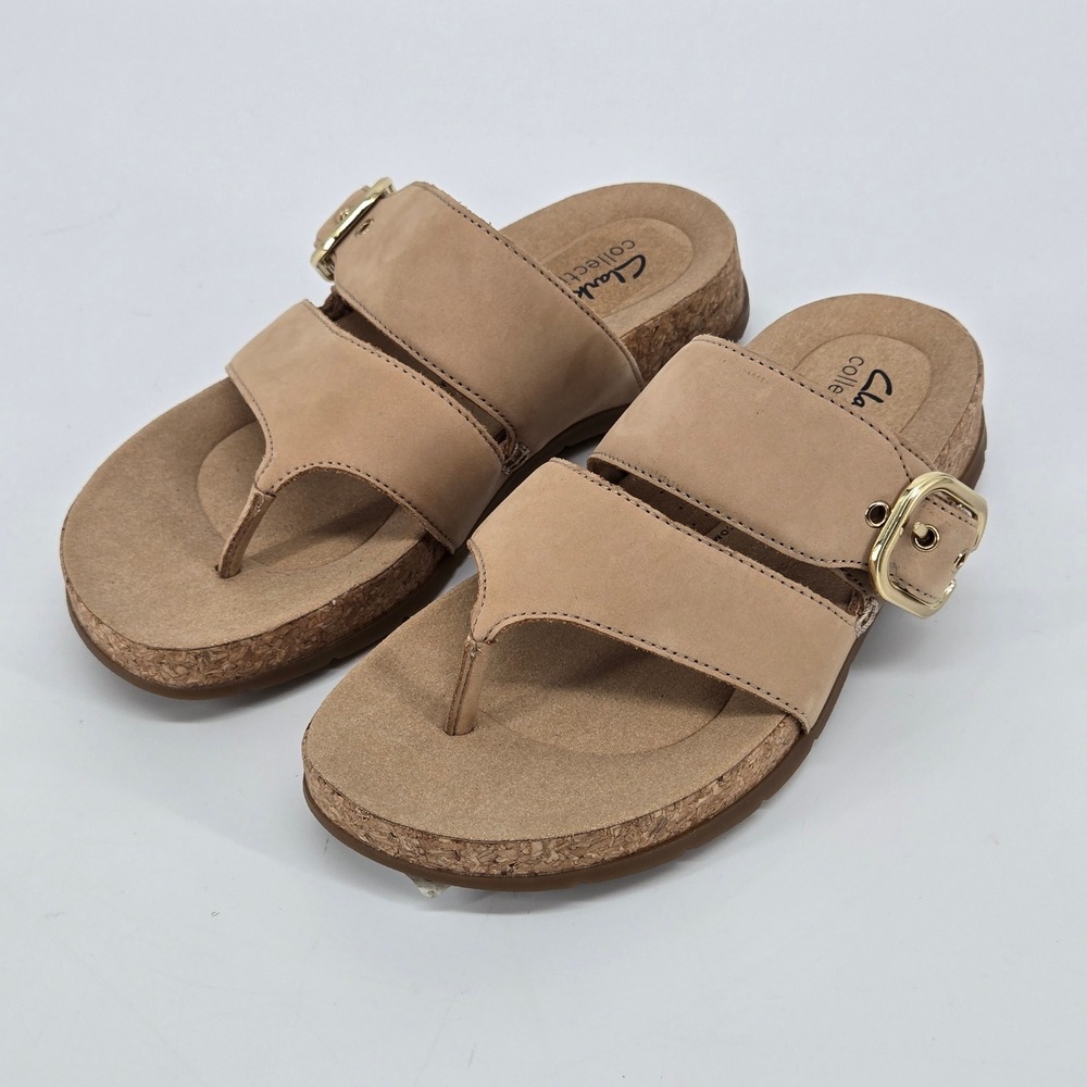 Clarks Reileigh Park Beige Nubuck Leather Comfort Slide Sandals Wide Width 7W